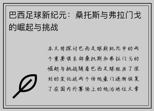 巴西足球新纪元：桑托斯与弗拉门戈的崛起与挑战